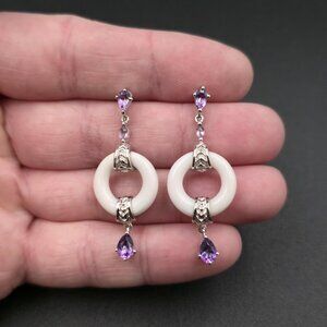 Sterling Silver Unique Amethyst Purple Gem Dangle Earrings A6913